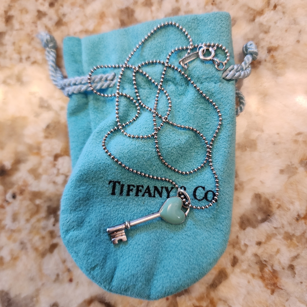 Tiffany & Co. 925 Silver Mini Turquoise Enamel Heart Key Necklace